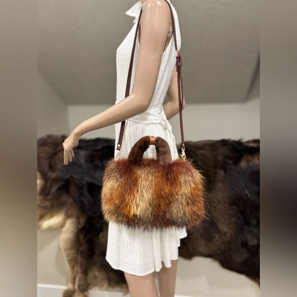 Brown Gradient Real Raccoon Fur & Fur Handles Satchel Bag/Crossbody - Picture 10 of 17